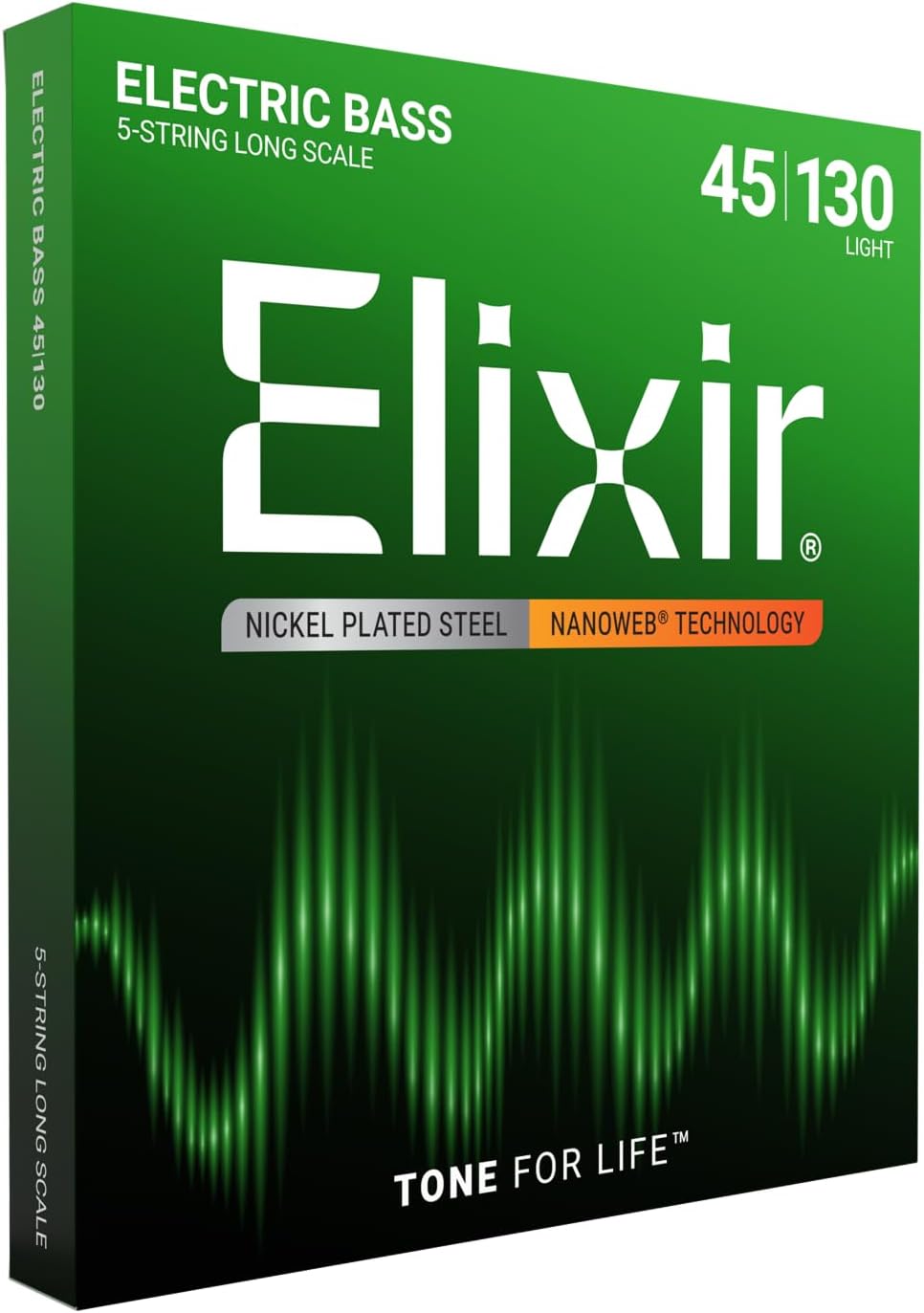 Elixir 14202 Nanoweb Light 45-130 5-string bass strings with protective coating, shown in close-up view.