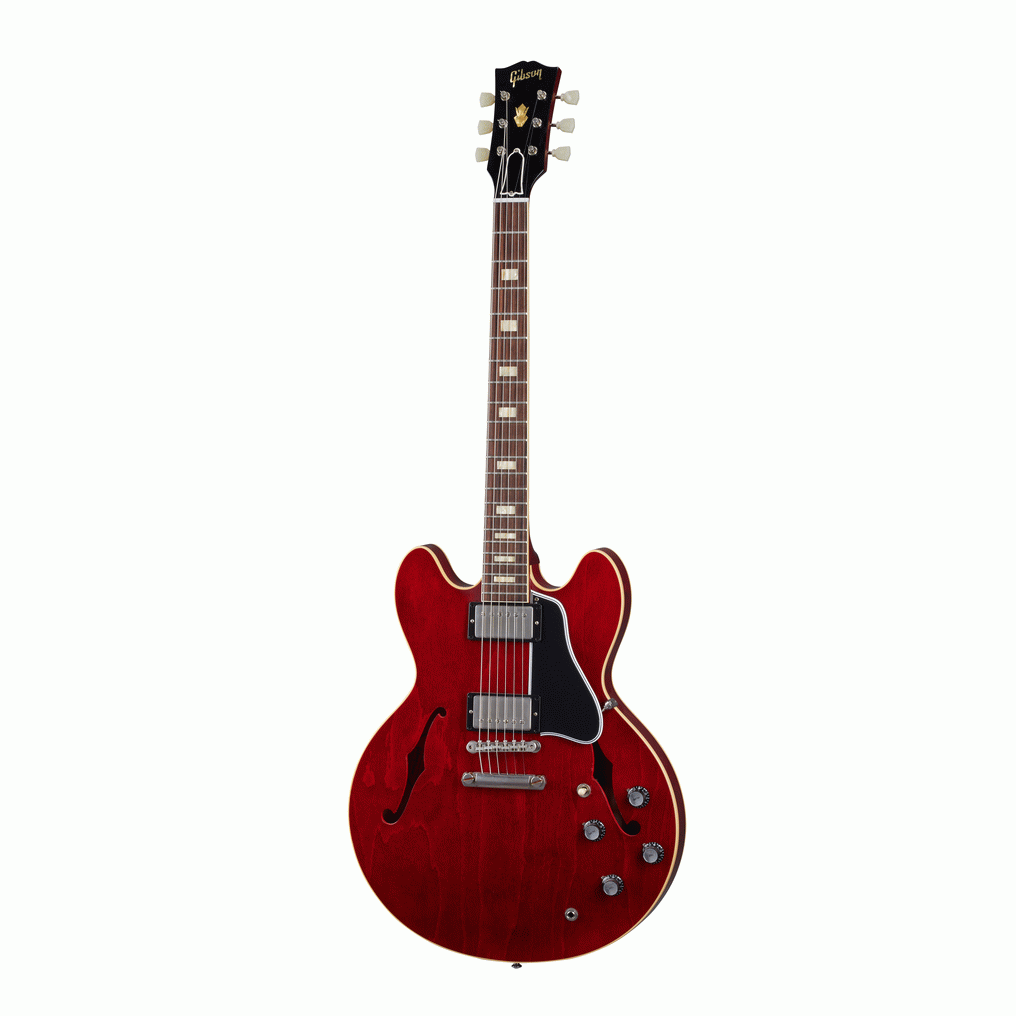 Gibson Murphy Lab '64 ES-335 Ultra Light aged electric guitar in 60s Cherry finish with double cutaway body and humbucking pickups.