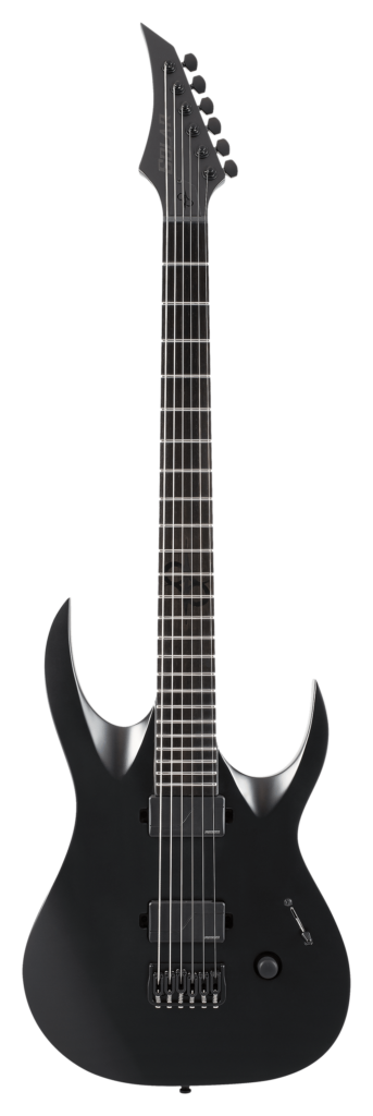 Solar A1.6ATG Baritone MKII electric guitar with a sleek black finish, showcasing its solid body and modern design.