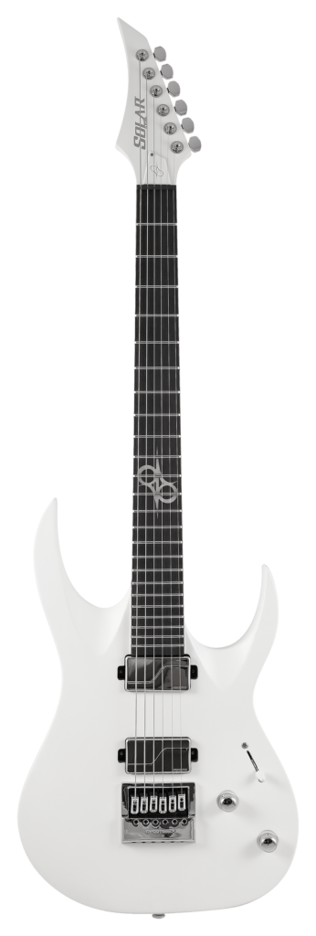 Solar A1.6 Vinter electric guitar in pearl white matte finish, showing the sleek body, pickups, and modern design details.