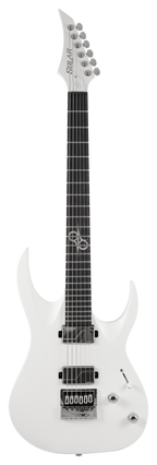 Solar A1.6 Vinter electric guitar in pearl white matte finish, showing the sleek body, pickups, and modern design details.