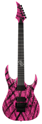Solar A2.6FRPN Canibalismo electric guitar in pink neon matte finish, showcasing a sleek design with dual humbucker pickups.