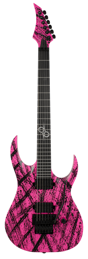 Solar A2.6FRPN Canibalismo electric guitar in pink neon matte finish, showcasing a sleek design with dual humbucker pickups.