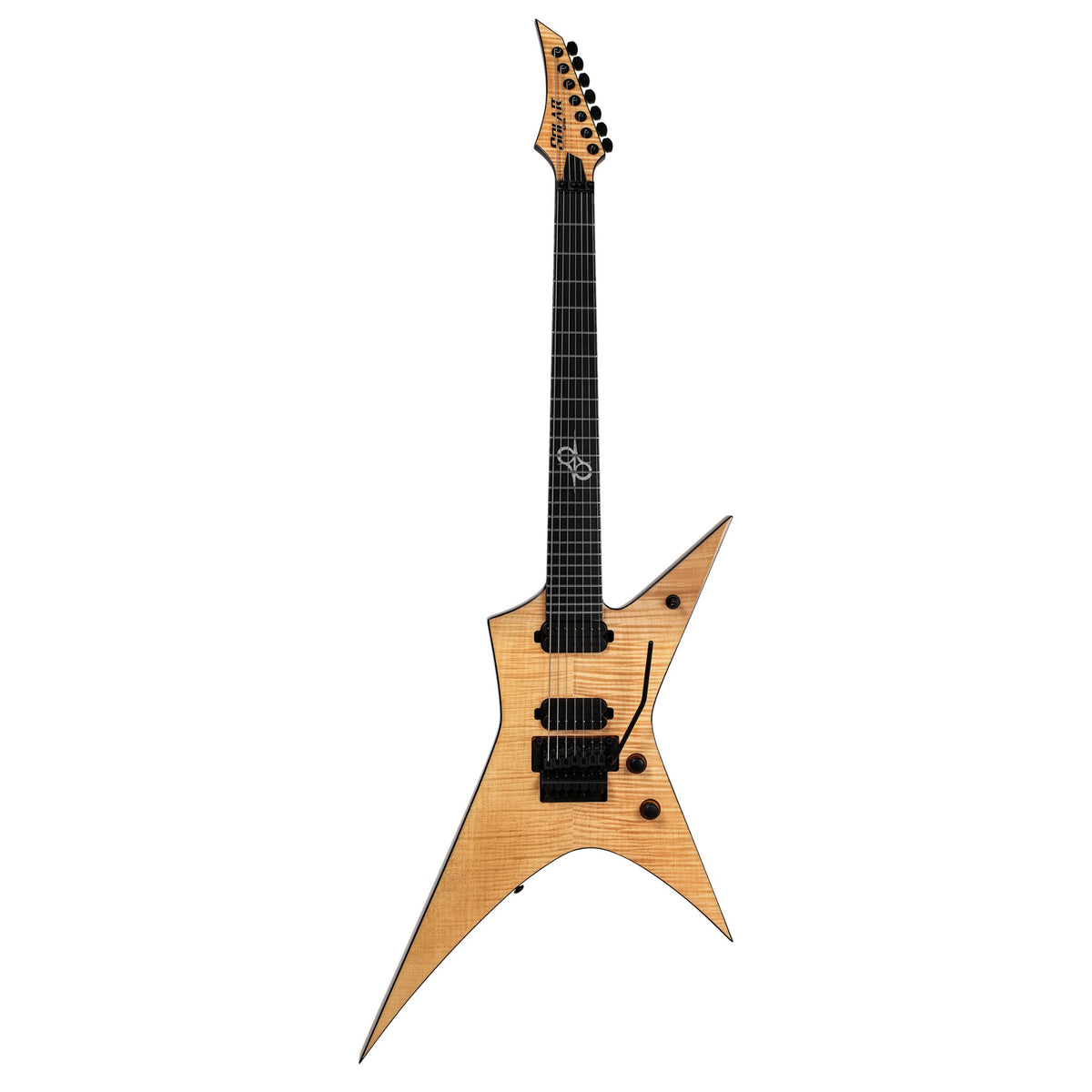 Solar XF1.7FRFN electric guitar with a sleek black body, maple neck, and dual humbucker pickups, showcasing a modern design.