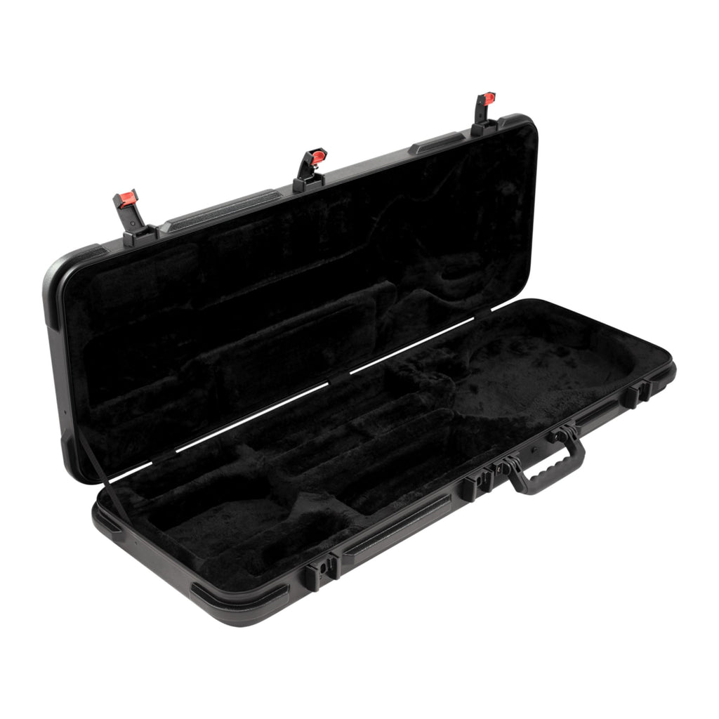 Solar T Guitar Hard Case for electric guitar with sturdy black exterior and padded interior for protection.