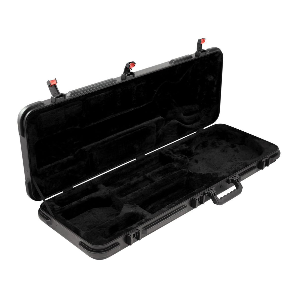 Solar T Guitar Hard Case for electric guitar with sturdy black exterior and padded interior for protection.