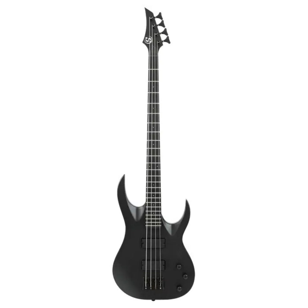 Solar AB4.4C bass guitar in carbon black matte finish, featuring a sleek design and four-string setup, on a plain background.