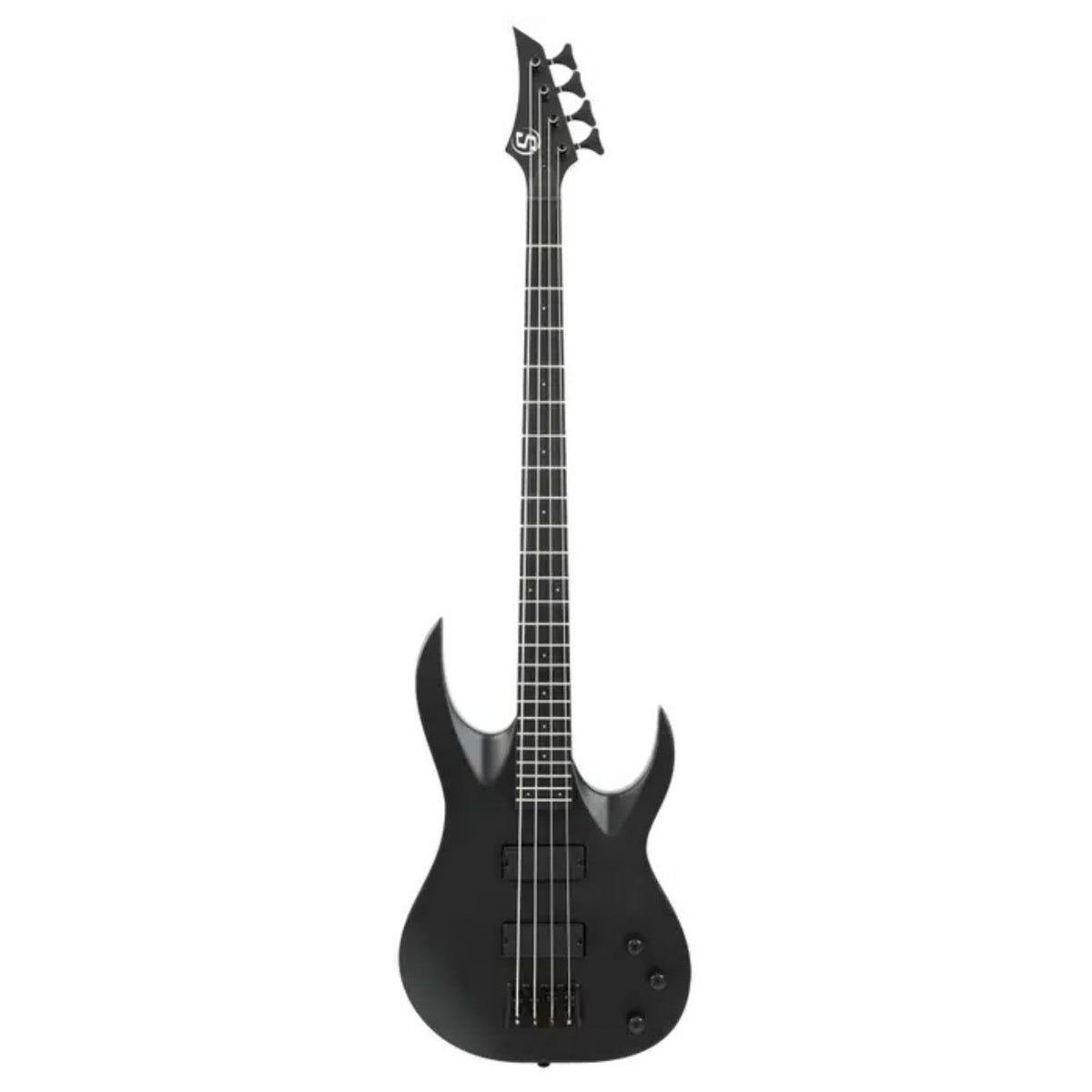 Solar AB4.4C bass guitar in carbon black matte finish, featuring a sleek design and four-string setup, on a plain background.