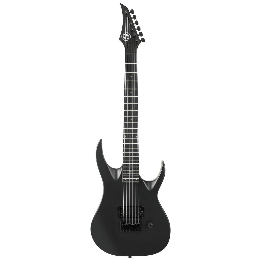 Solar S AB4.61MC electric guitar featuring a sleek black body and chrome hardware, showcasing its modern design and six-string setup.
