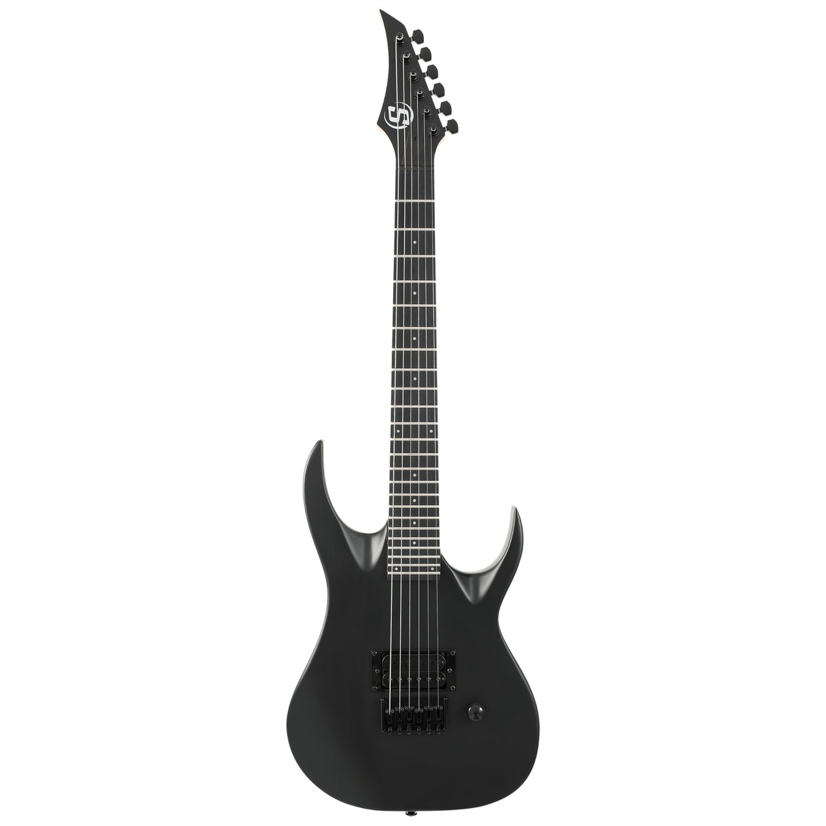 Solar S AB4.61MC electric guitar featuring a sleek black body and chrome hardware, showcasing its modern design and six-string setup.