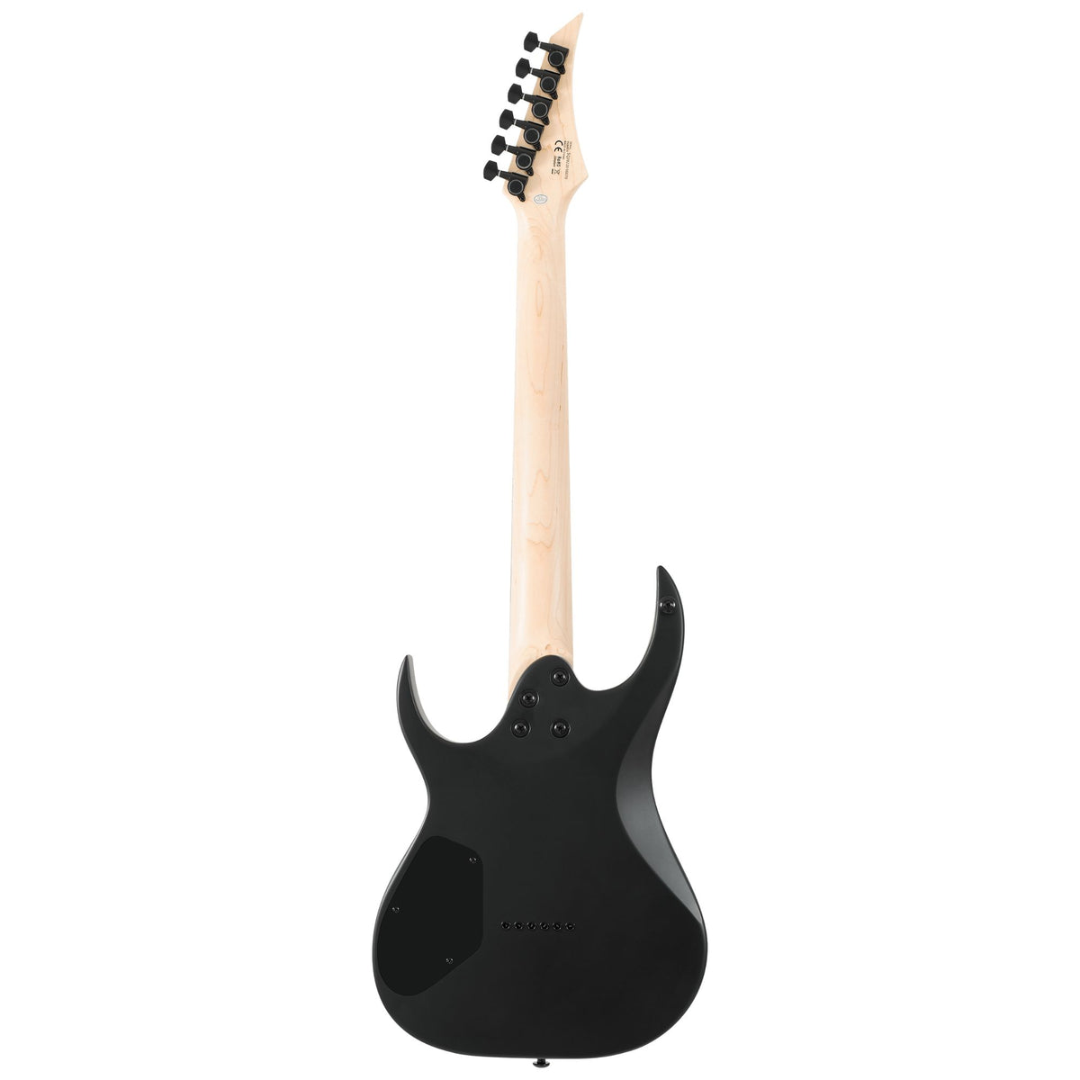 Solar S AB4.61MC electric guitar with a sleek black body, maple neck, and chrome hardware, showcasing its modern design.