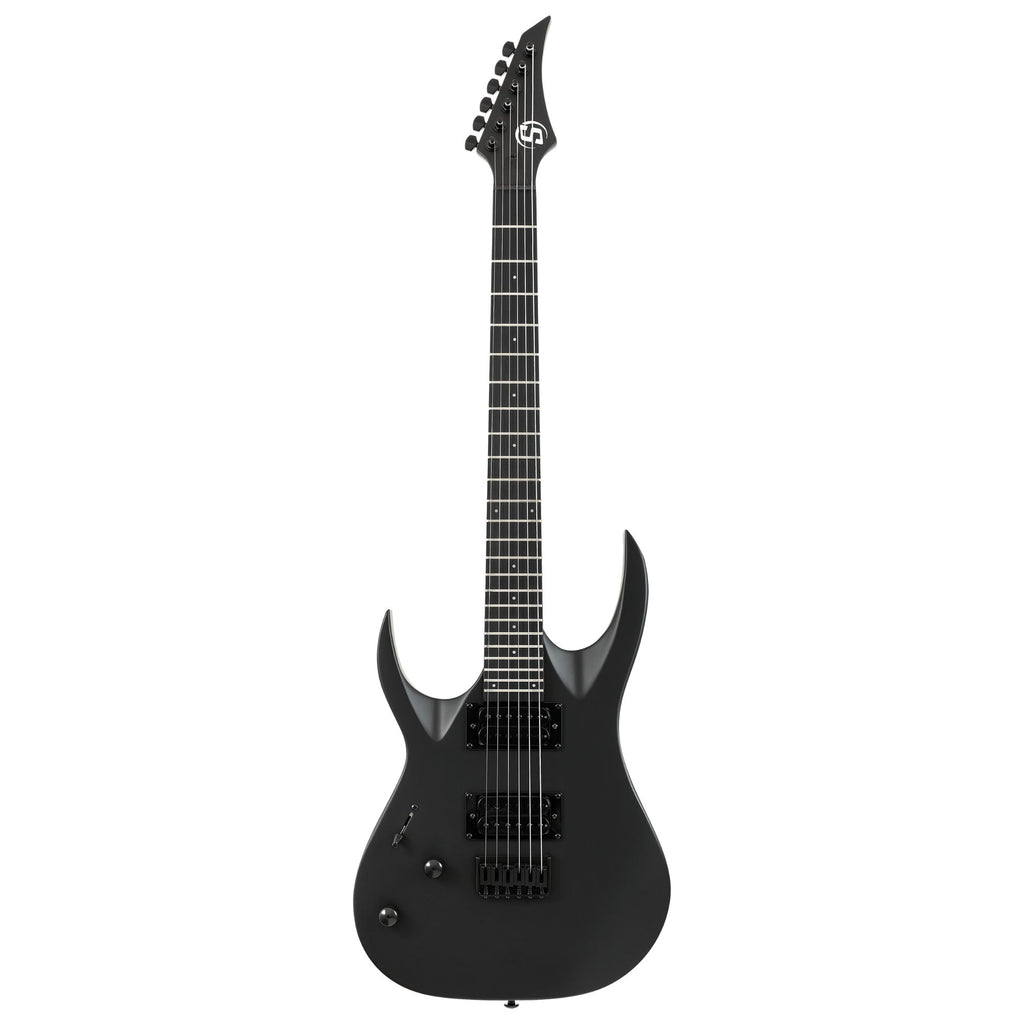 Solar S AB4.6C LH electric guitar in carbon black matte finish, showcasing its sleek body, pickups, and control knobs.