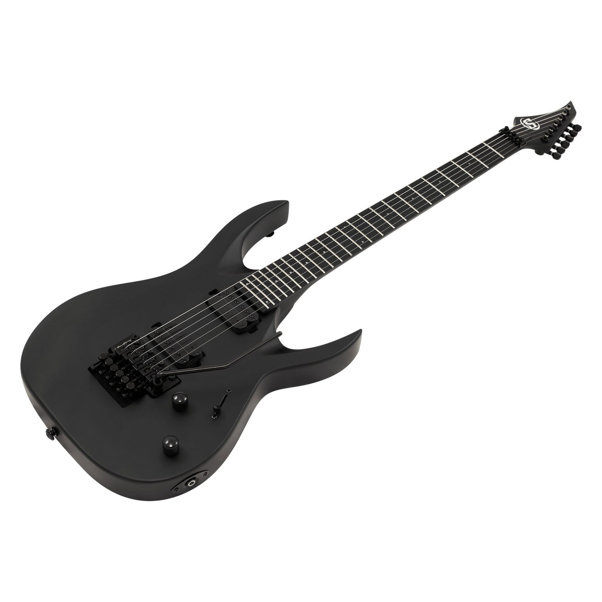 Solar S AB4.6FRC electric guitar in matte carbon black with sleek body and modern design, showcasing pickups and tuning pegs.