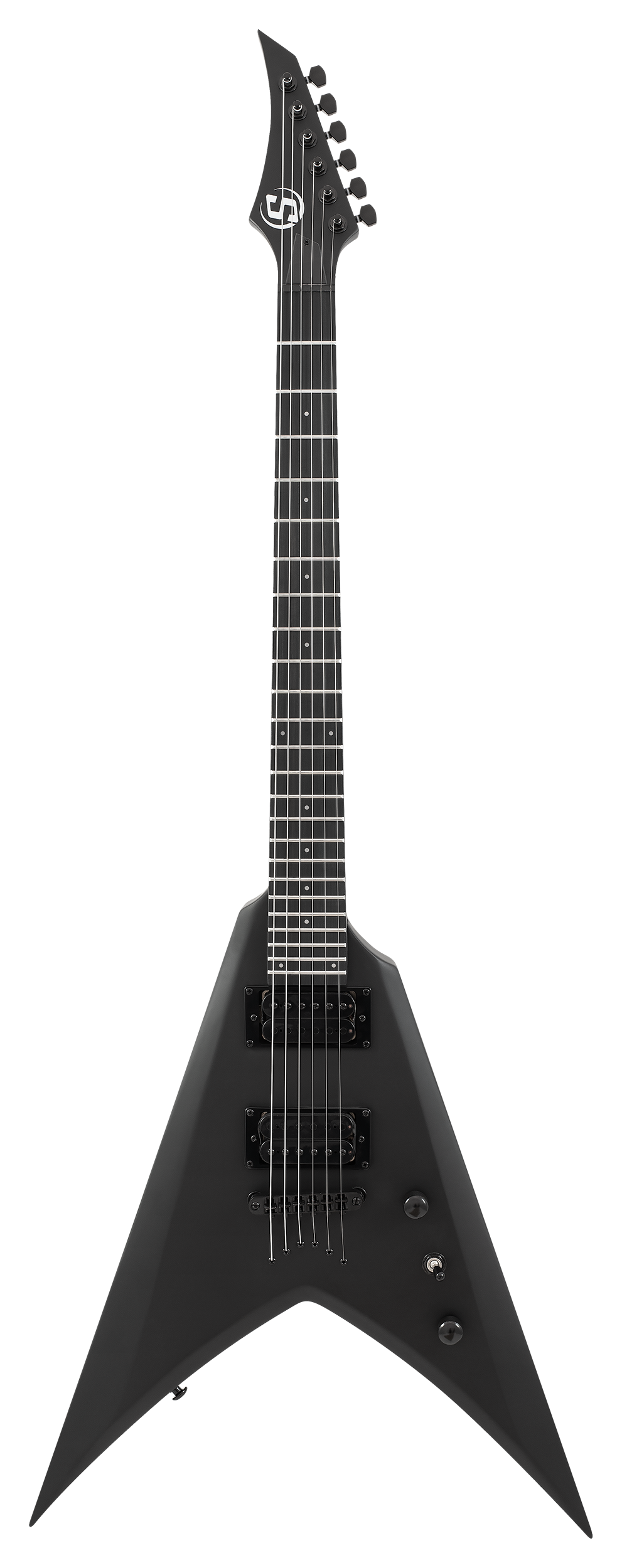 Solar S VB4.6C electric guitar in matte carbon black, showing the sleek body and pickups in a front view.