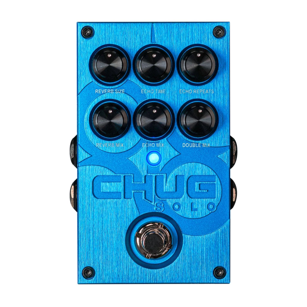 Solar Chug Solo 3-in-1 effects pedal with toggle switches, knobs, and input/output jacks for guitar effects including doubler, echo, and reverb.