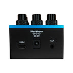 Solar Chug Solo 3-in-1 effects pedal with controls for doubler, echo, and reverb, shown on a pedalboard.