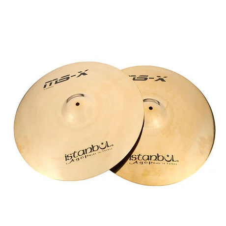 Istanbul Agop Ms-X Marching single cymbal with a shiny brass finish and detailed branding, designed for marching band performances.