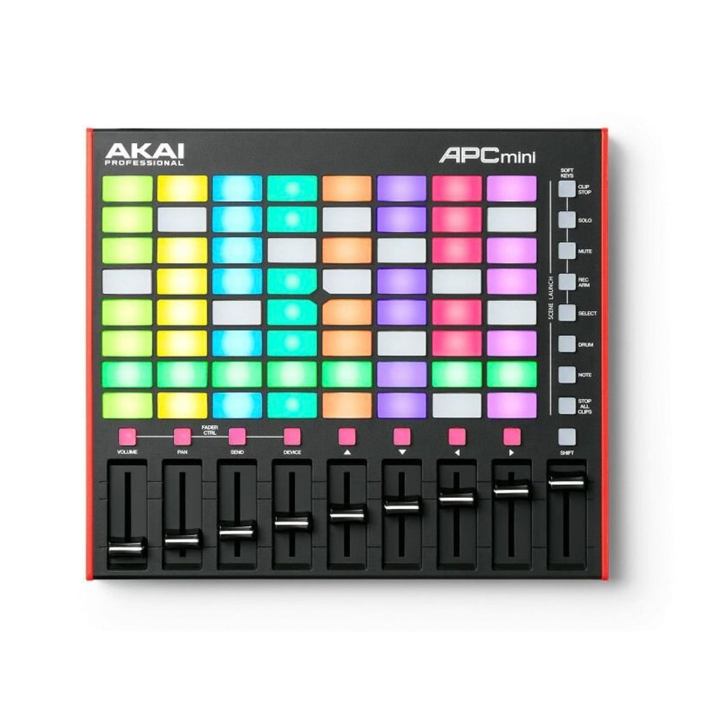 Akai APC Mini mk2 compact Ableton Live MIDI controller with drum pads and knobs for music production and live performance.