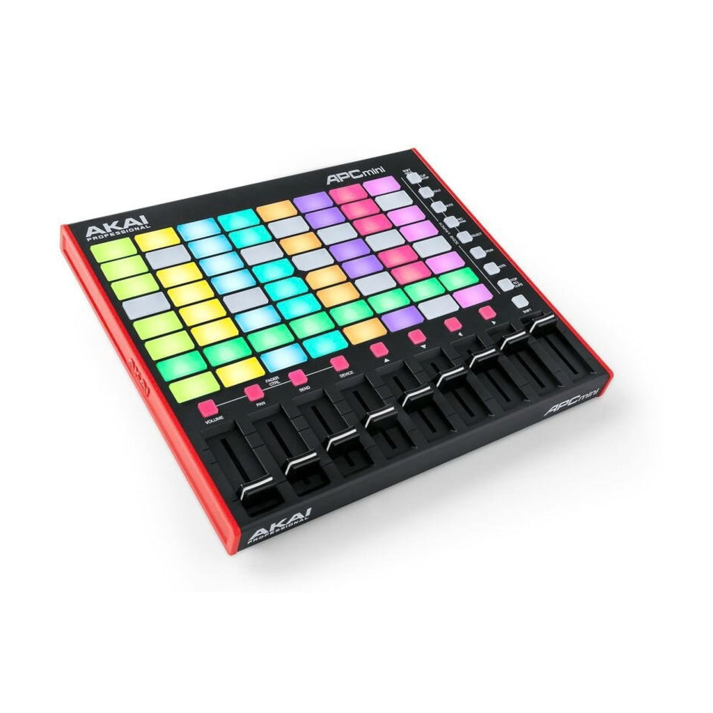 Akai APC Mini mk2 compact Ableton Live MIDI controller with colorful pads and knobs for music production and performance.
