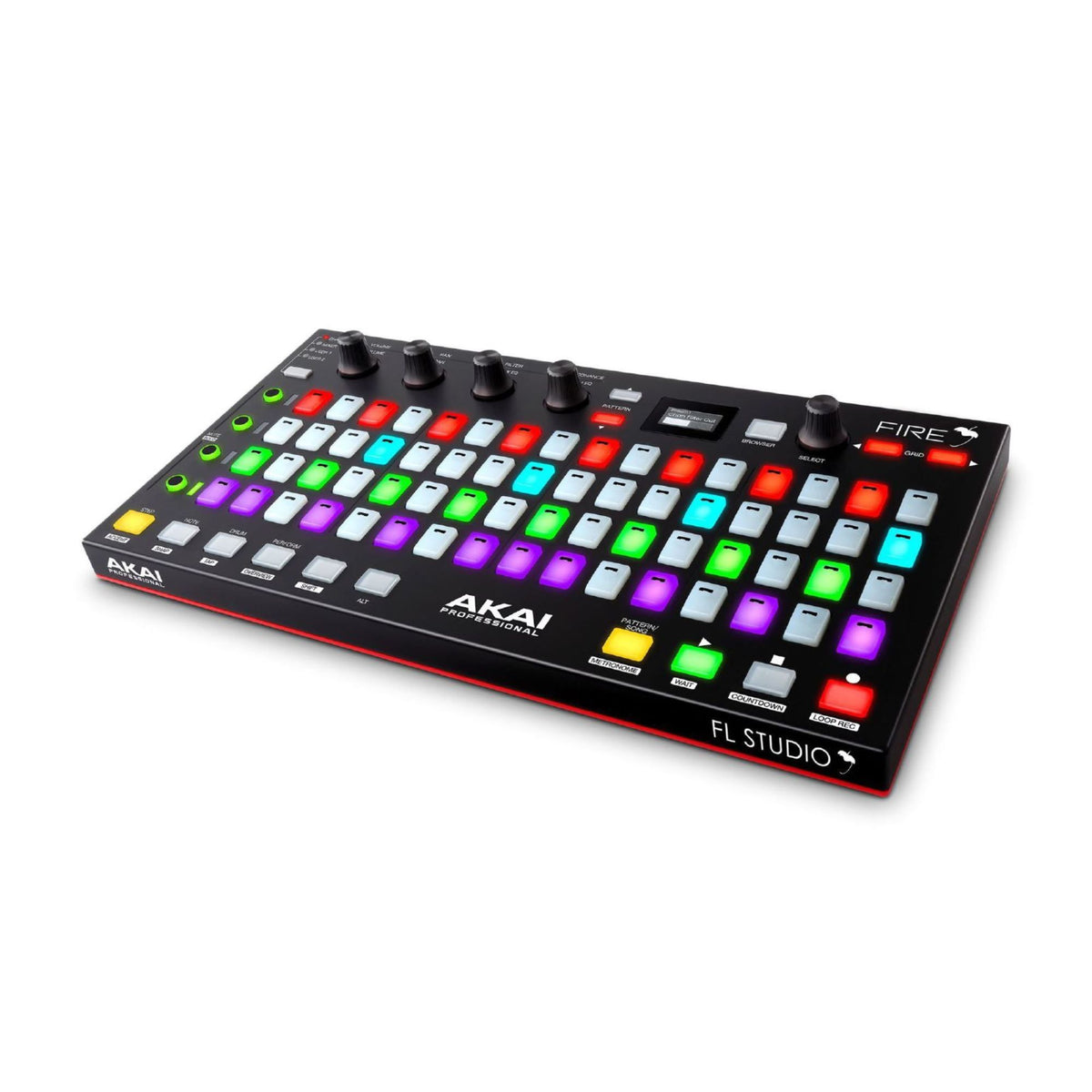 Akai Fire FL Studio MIDI controller with colorful pads and control knobs, designed for music production and beat making.