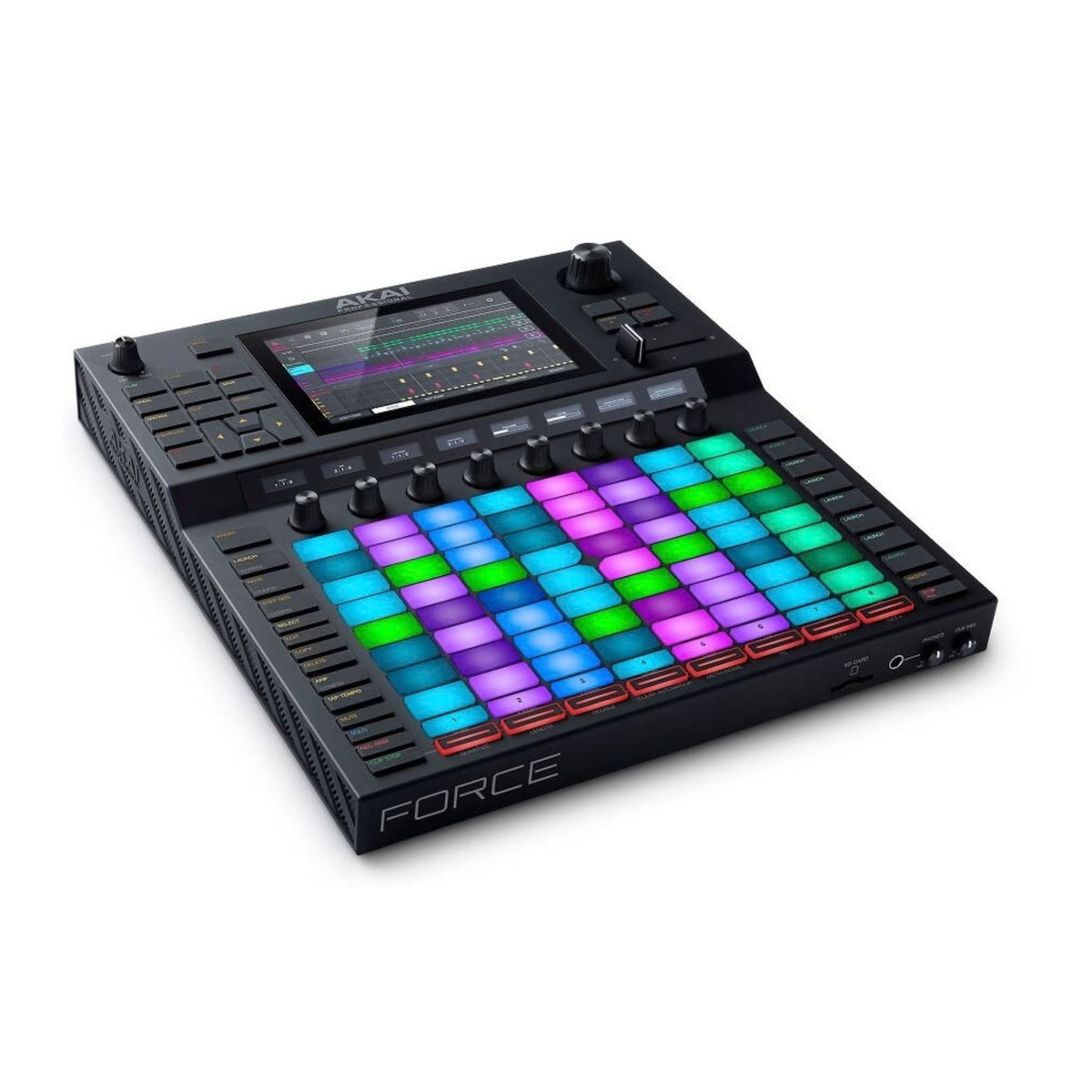 Akai Force standalone production and performance system drum machine displayed on a stand, showcasing its interface and controls.
