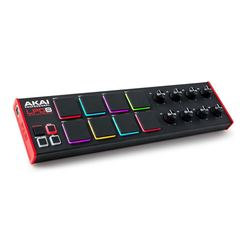 Akai LPD8 Mk2 MIDI pad controller with 8 backlit pads, compact design, and USB connectivity for music production.