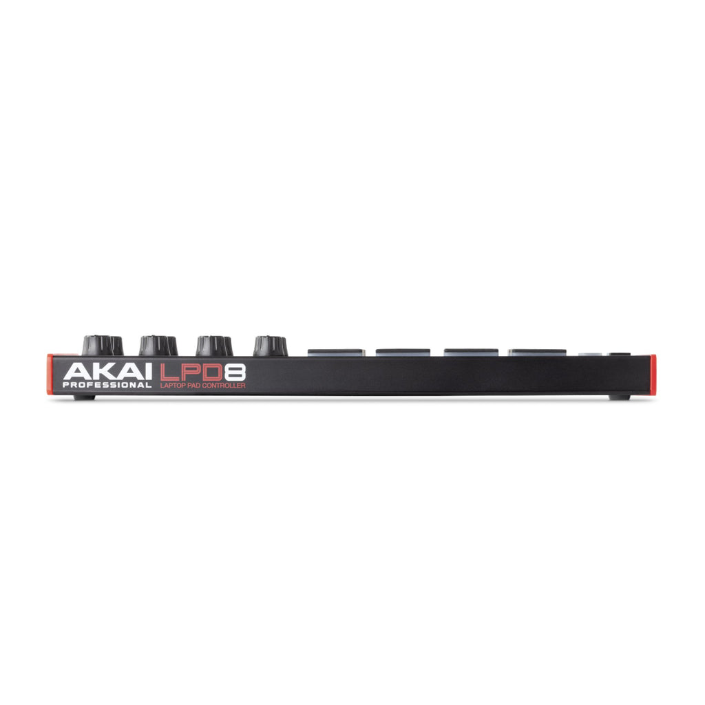 Akai LPD8 Mk2 MIDI pad controller with 8 drum pads and control knobs, compact design for music production and performance.