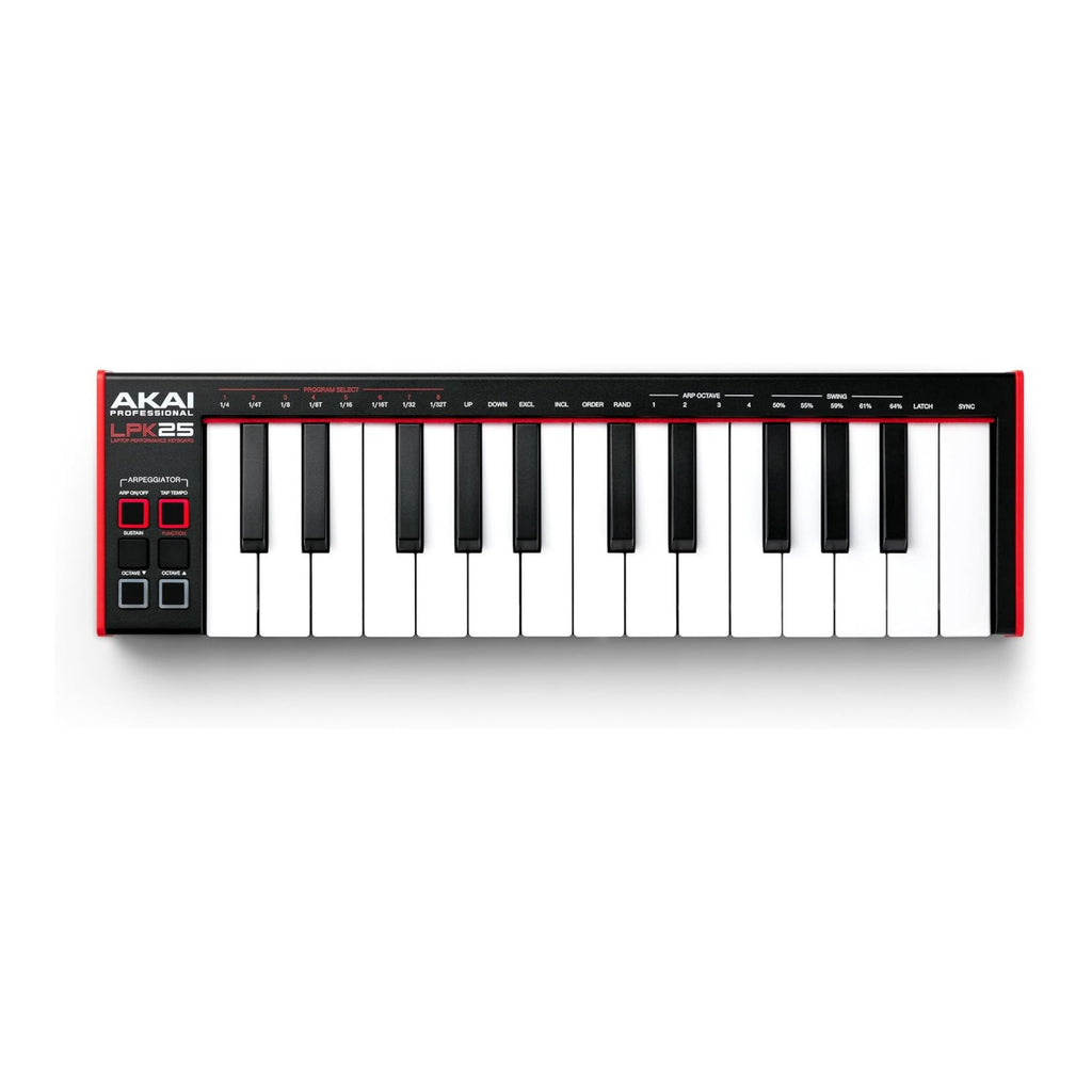 Akai LPK25 Mk2 25-key MIDI keyboard controller with compact design and control buttons for music production.