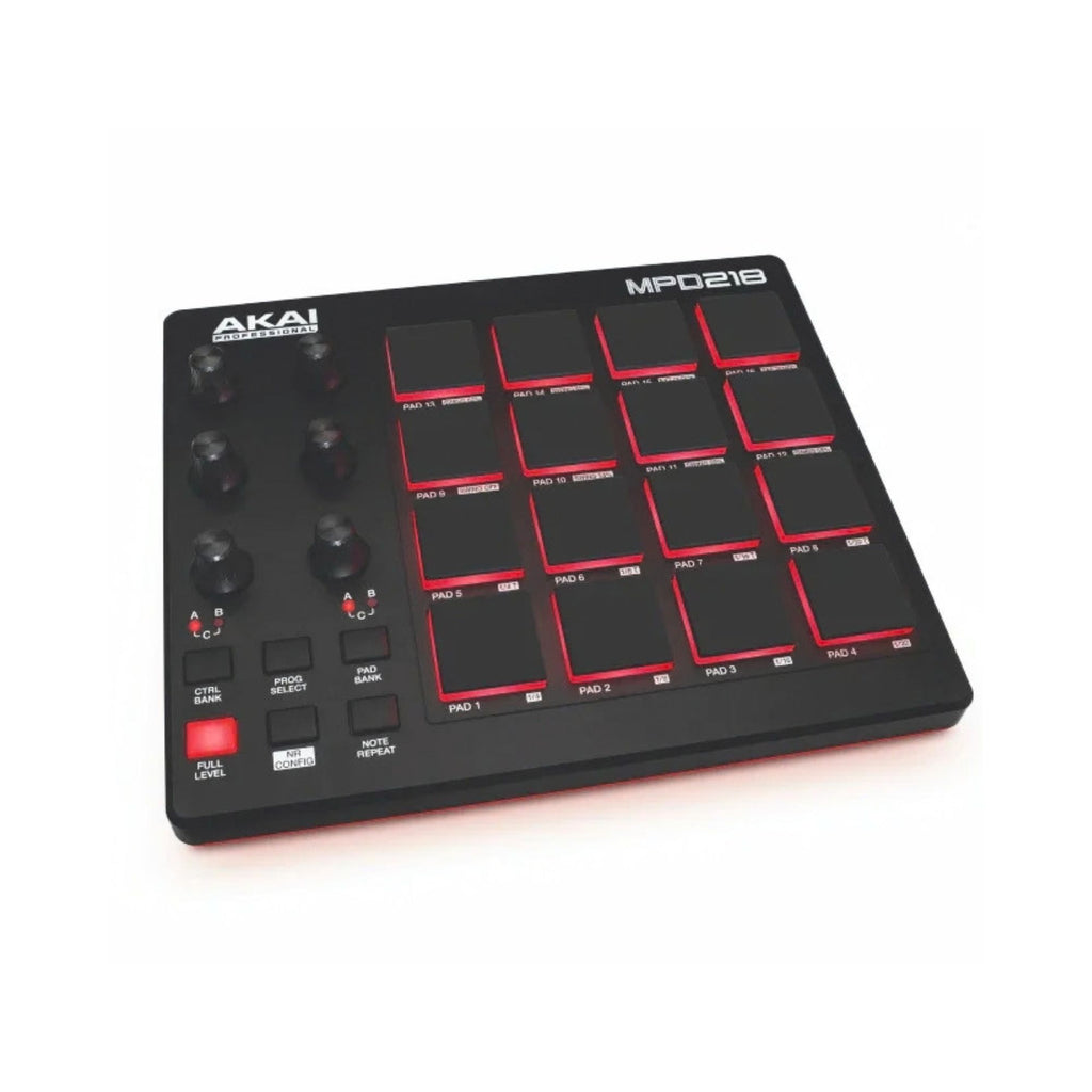 Akai MPD218 16-pad drum machine controller with velocity-sensitive pads for music production and live performance.