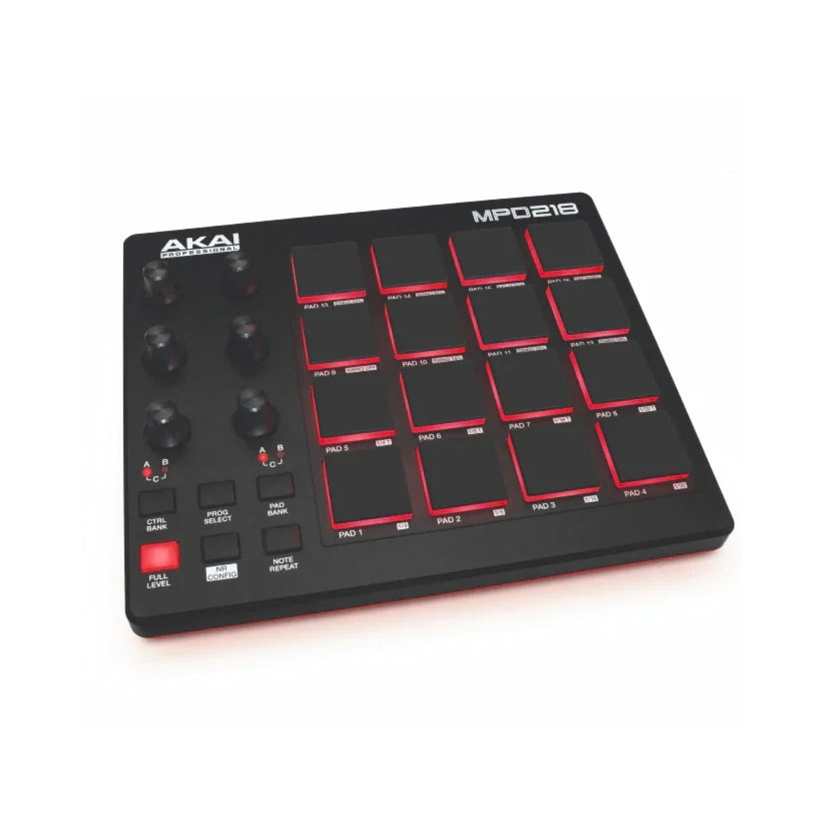 Akai MPD218 16-pad drum machine controller with velocity-sensitive pads for music production and live performance.