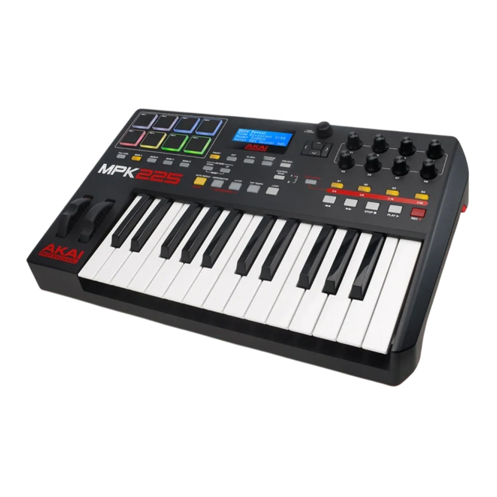 AKAI MPK225 25-key performance keyboard controller with drum pads and control knobs, ideal for music production.