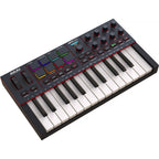 Black AKAI MPK Mini 4 MIDI controller keyboard with compact design, control knobs, and pads for music production.