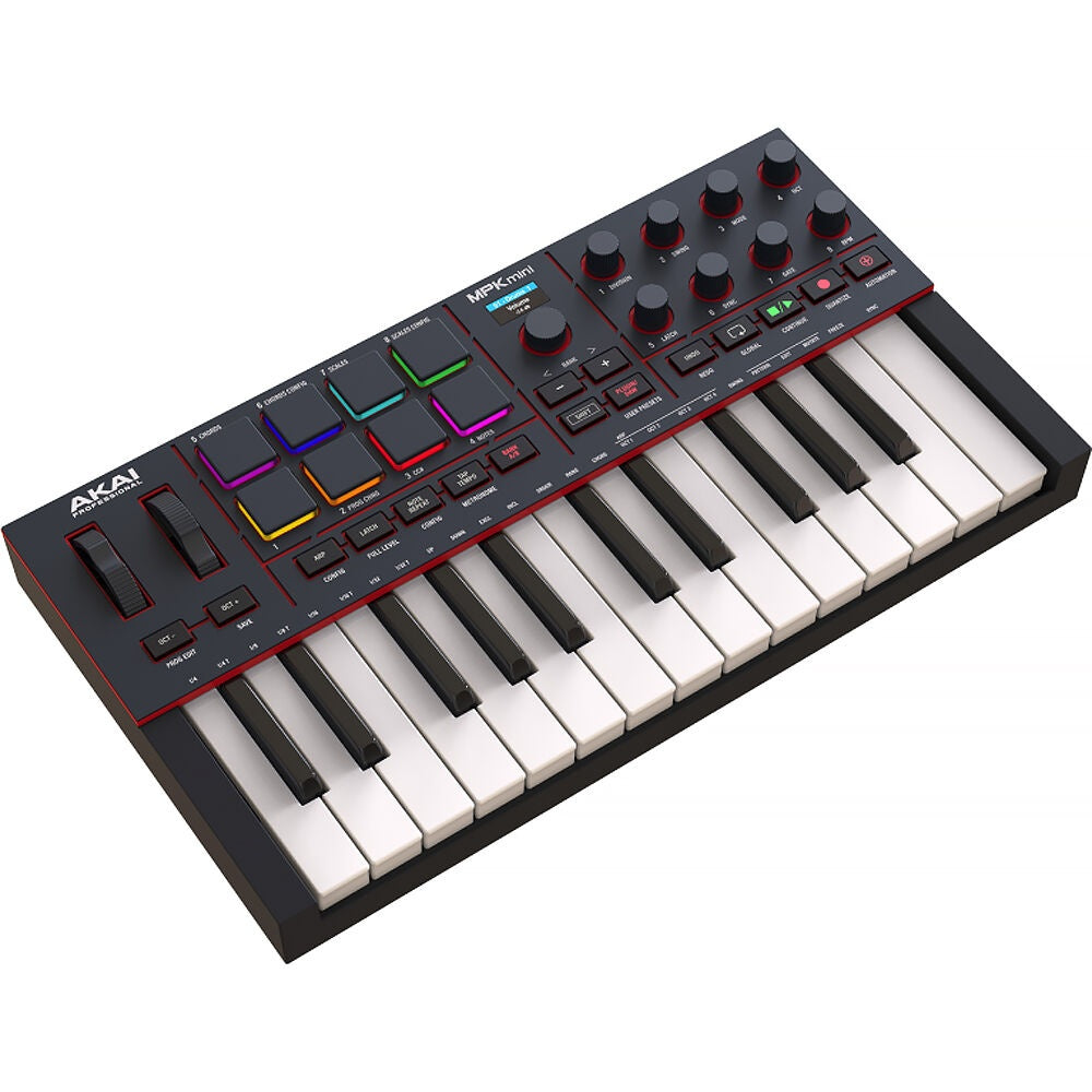 Black AKAI MPK Mini 4 MIDI controller keyboard with compact design, control knobs, and pads for music production.