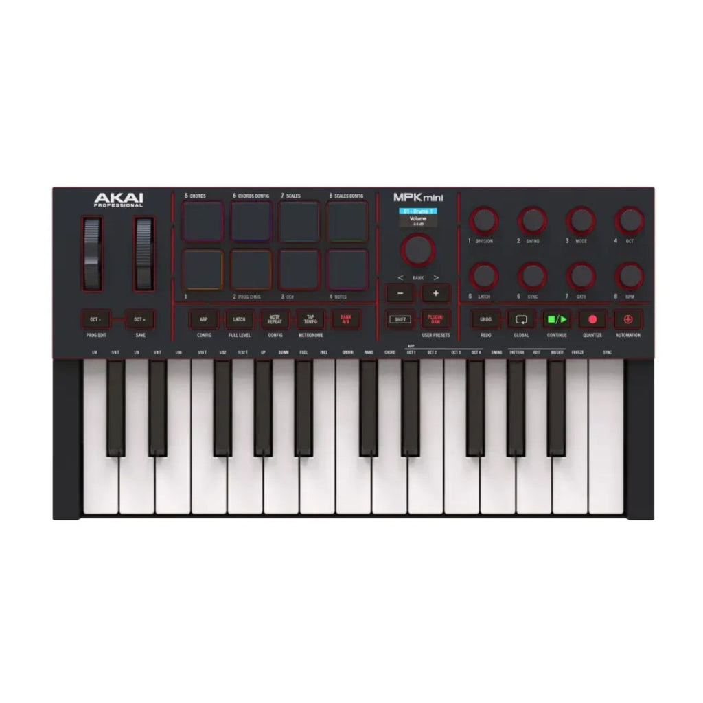 Black Akai MPK Mini 4 MIDI controller keyboard with keys, knobs, and pads for music production, shown from a front angle.