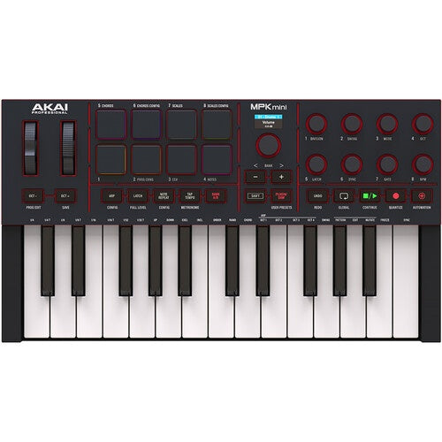 Black Akai Professional MPK Mini 4 MIDI controller keyboard with keys, knobs, and pads, designed for music production and performance.