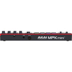 Black Akai Professional MPK Mini 4 MIDI controller keyboard with pads, knobs, and keys for music production and performance.