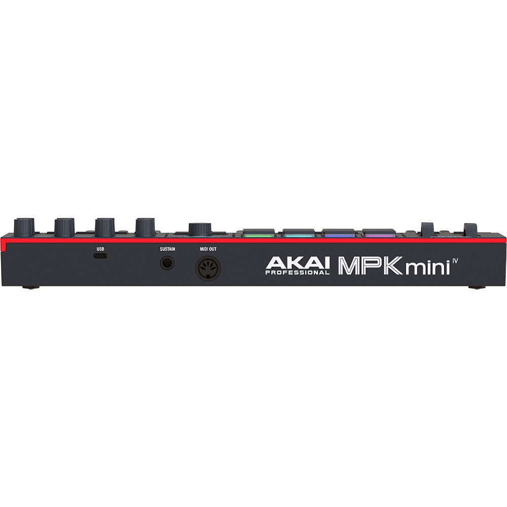 Black Akai Professional MPK Mini 4 MIDI controller keyboard with pads, knobs, and keys for music production and performance.