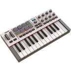 Akai Professional MPK Mini 4 MIDI controller keyboard in grey with keys, knobs, and pads for music production.