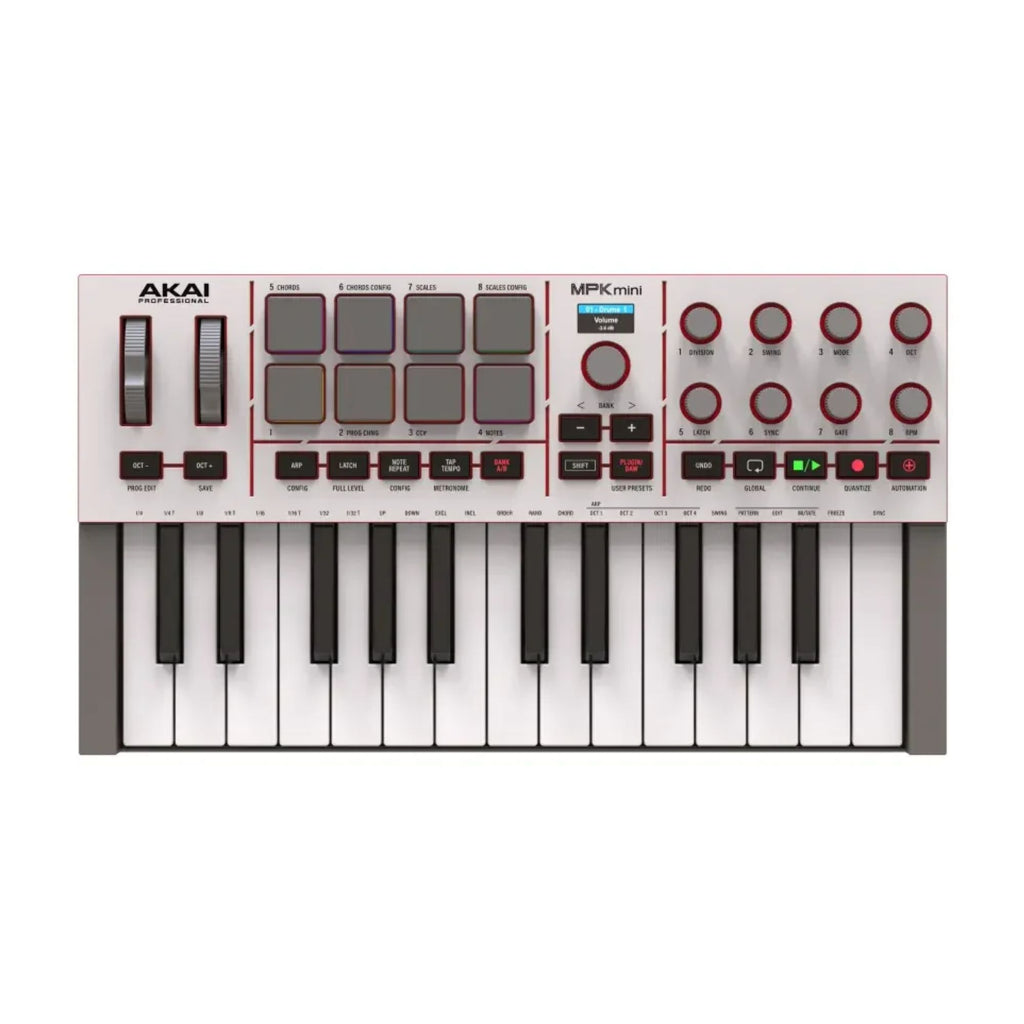 Akai MPK Mini 4 MIDI controller keyboard in grey with keys, knobs, and pads for music production and performance.