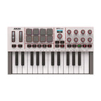 Akai MPK Mini 4 MIDI controller keyboard in grey with keys, knobs, and pads for music production and performance.