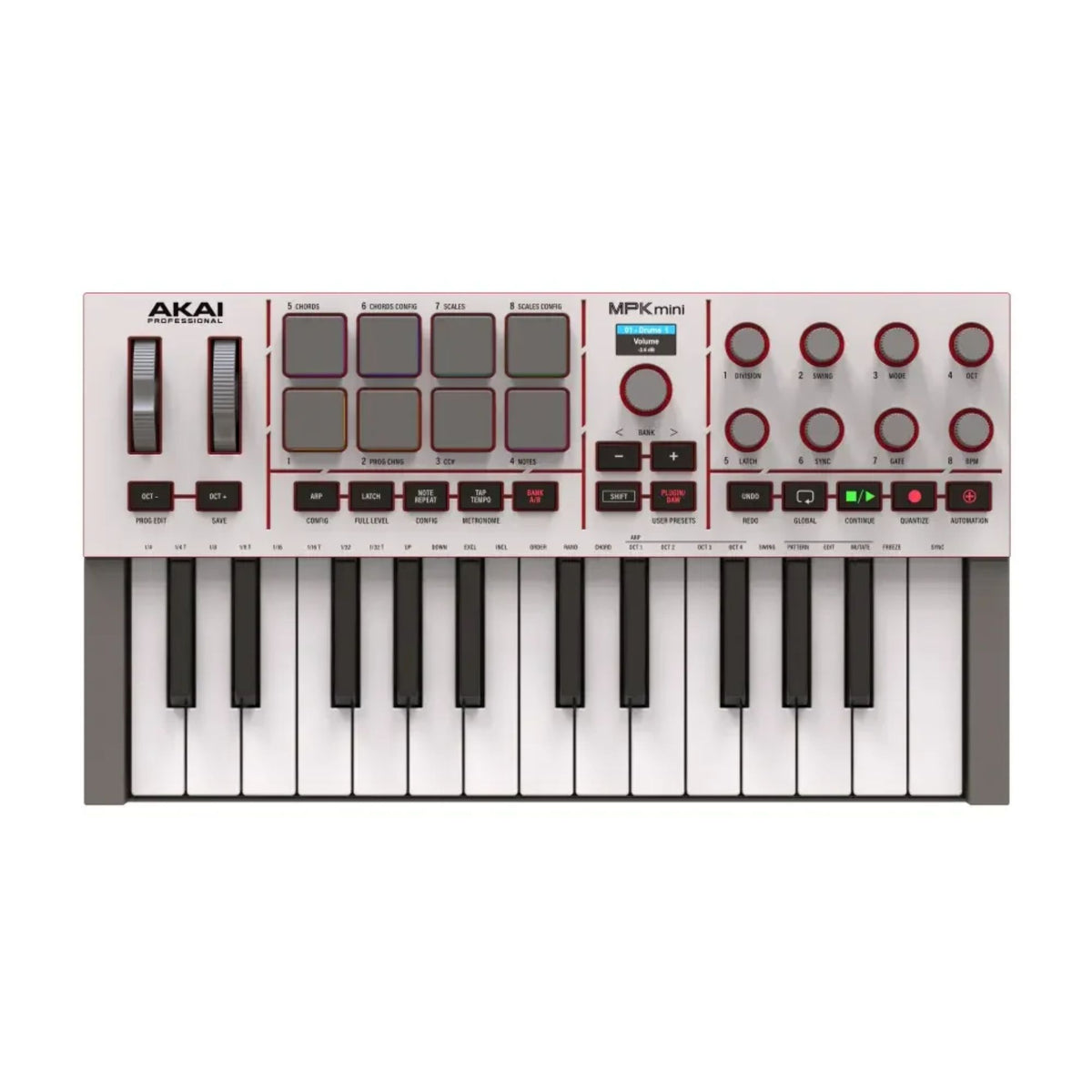 Akai MPK Mini 4 MIDI controller keyboard in grey with keys, knobs, and pads for music production and performance.