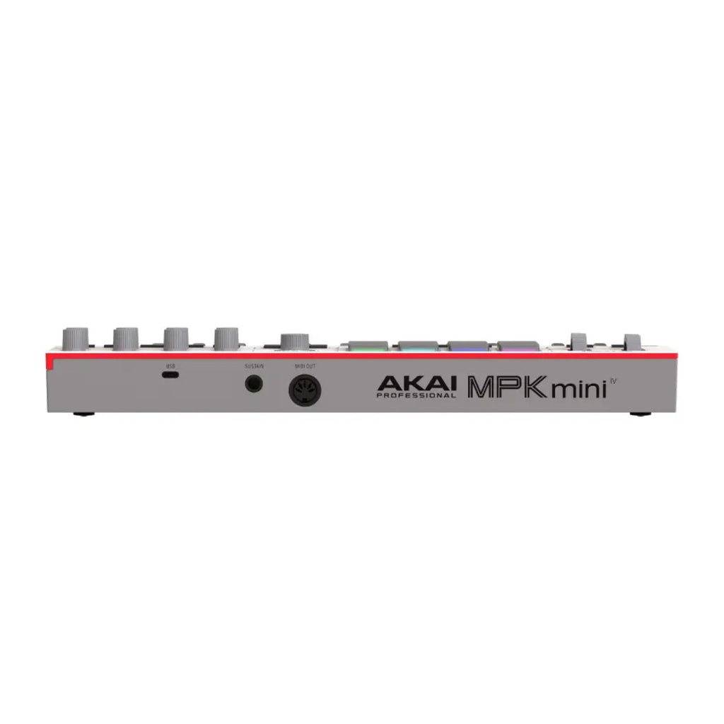 Grey Akai MPK Mini 4 MIDI controller keyboard with compact design, featuring keys, knobs, and pads for music production.