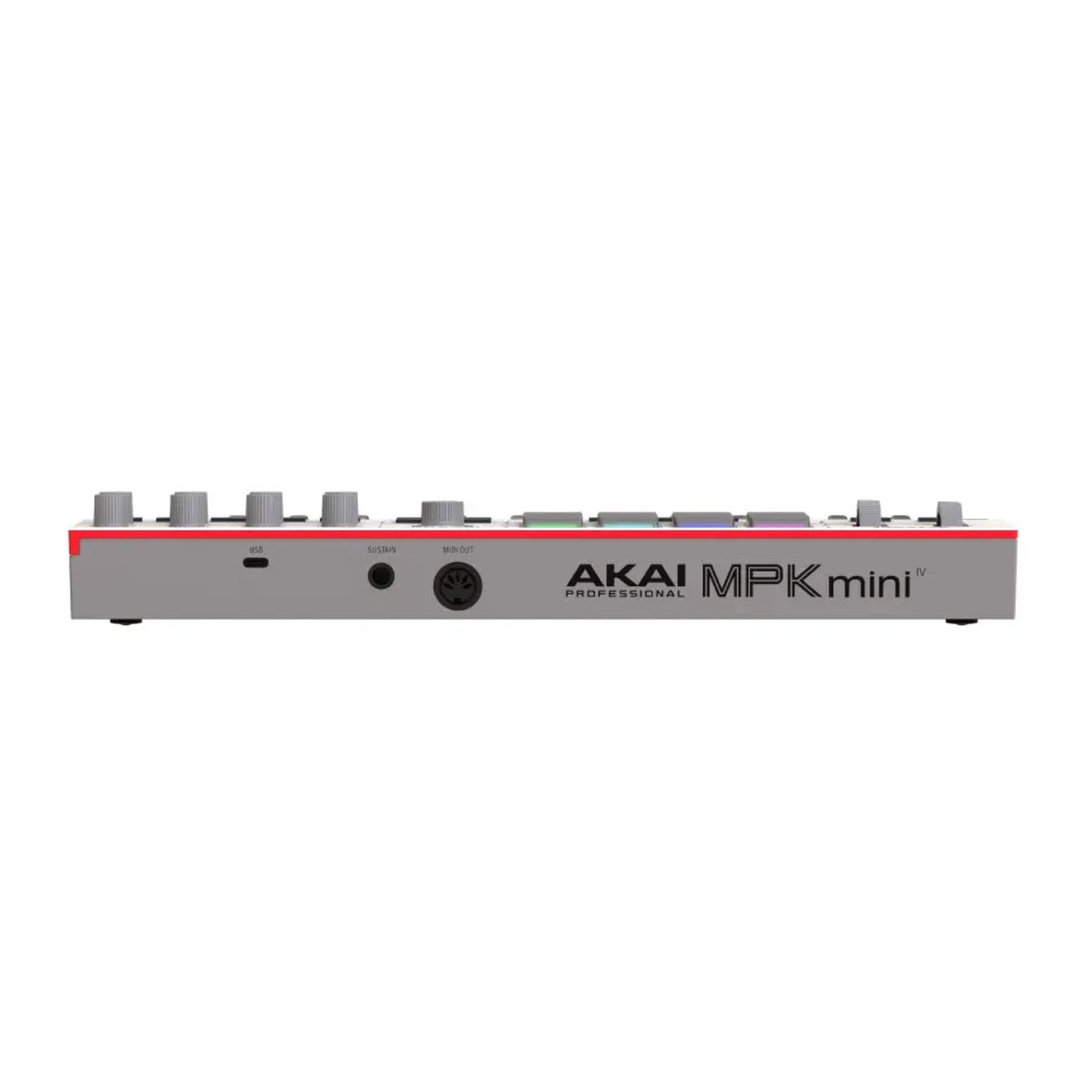 Grey Akai MPK Mini 4 MIDI controller keyboard with compact design, featuring keys, knobs, and pads for music production.