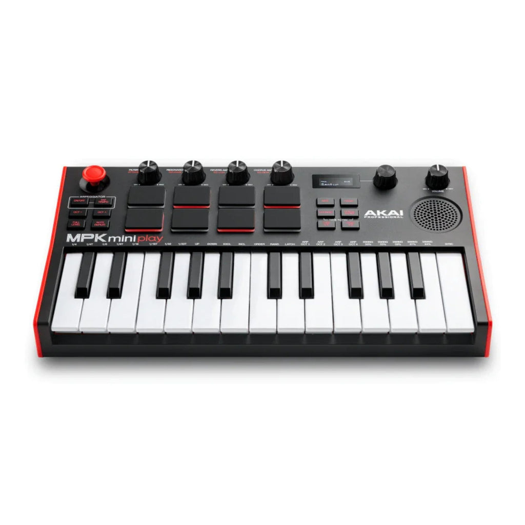 Akai MPK Mini Play 3 MIDI controller keyboard with knobs, pads, and keys, designed for music production and performance.