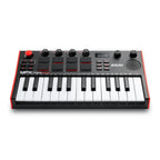 Akai MPK Mini Play 3 MIDI controller keyboard with knobs, pads, and keys, designed for music production and performance.
