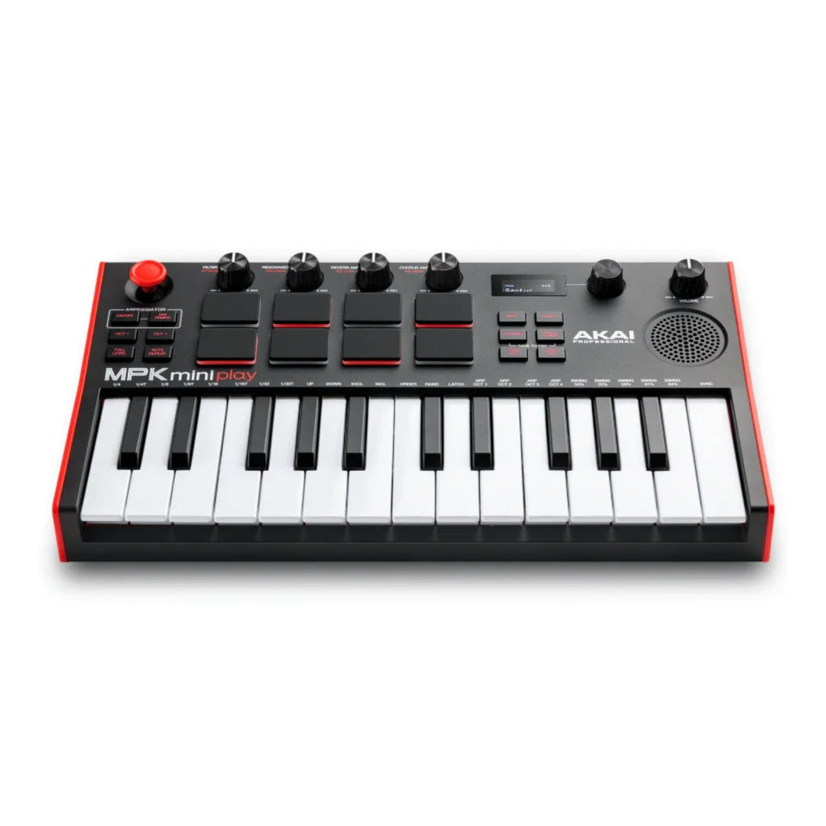 Akai MPK Mini Play 3 MIDI controller keyboard with knobs, pads, and keys, designed for music production and performance.