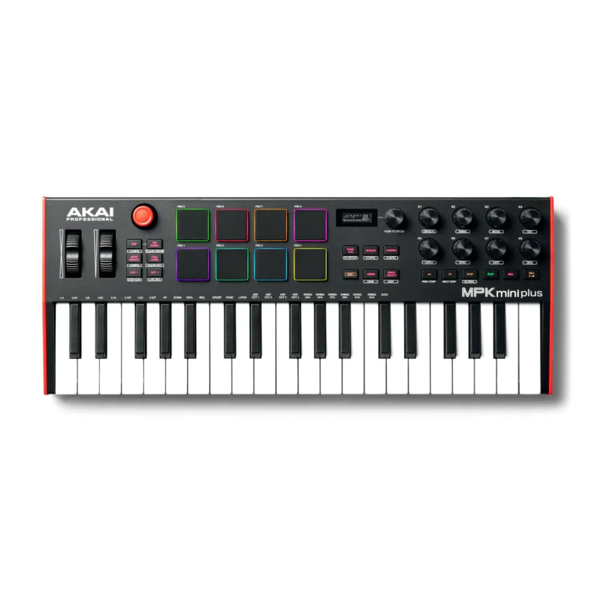 Akai Professional MPK Mini Plus MIDI controller keyboard with drum pads, knobs, and keys for music production.
