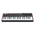 Akai MPK Mini Plus MIDI controller keyboard with pads and knobs, compact music production device.