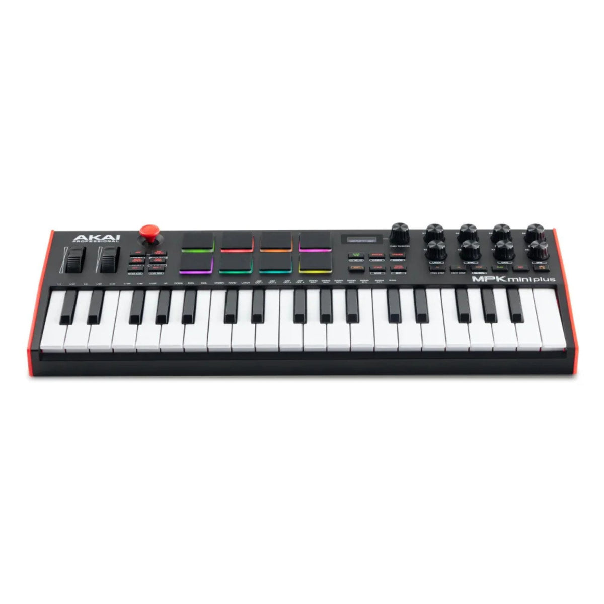Akai MPK Mini Plus MIDI controller keyboard with pads and knobs, compact music production device.