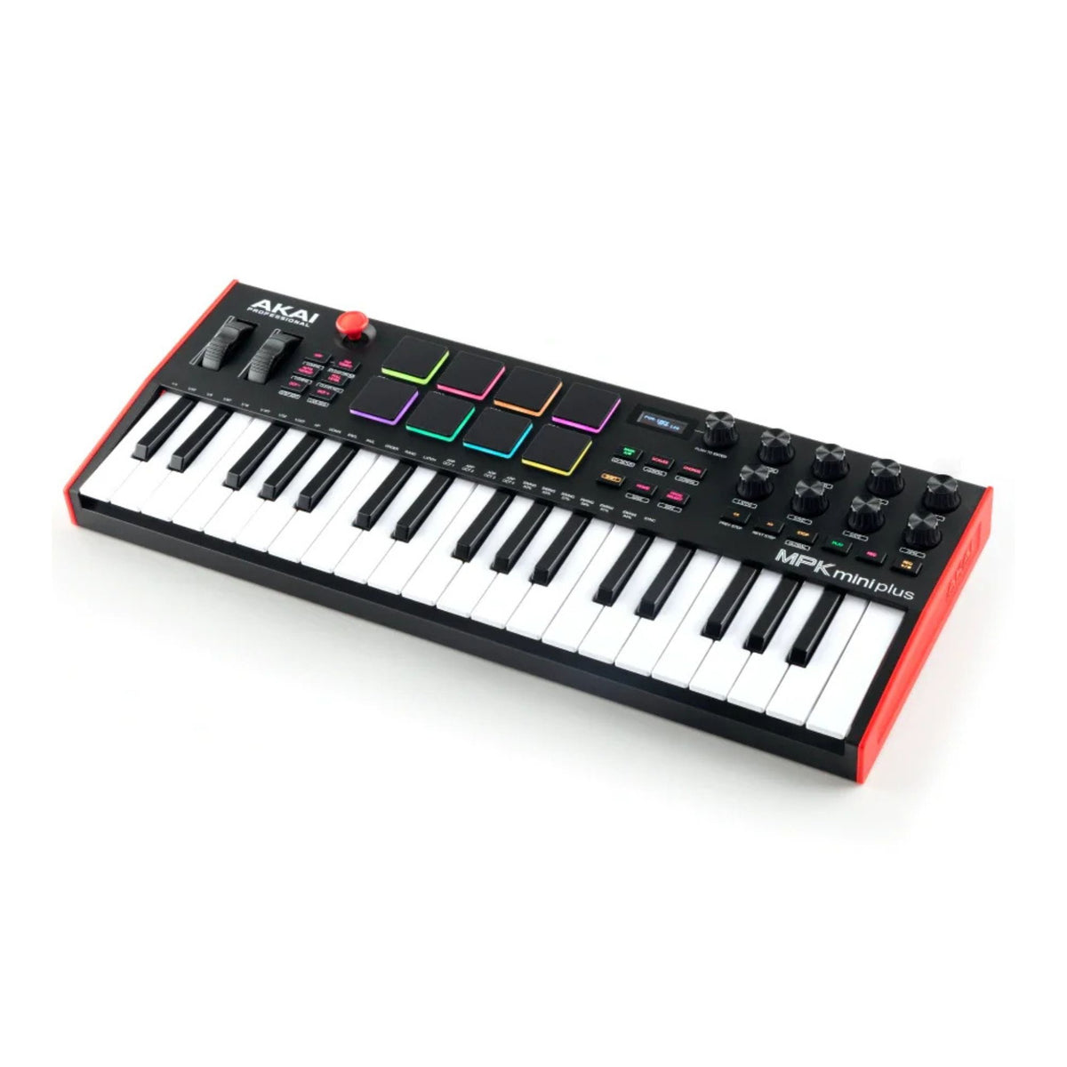 Akai MPK Mini Plus MIDI controller keyboard with keys, knobs, and pads for music production and live performance.